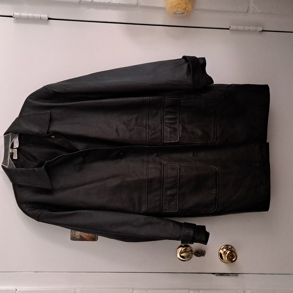 Black long leather jacket sz XL